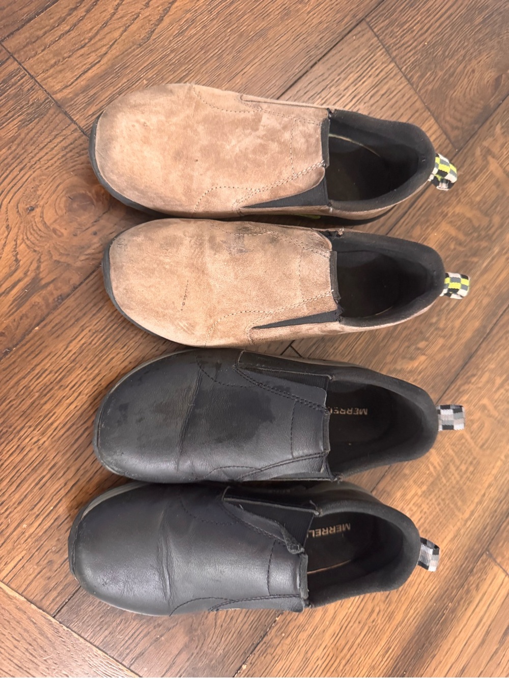 2 pairs of youth Merrell jungle mocs in Tan Suede and Black Leather